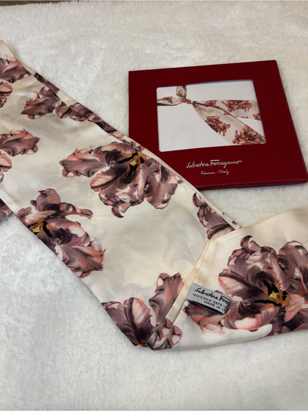 Salvatore Ferragamo Cream Silk Scarf with Pink and Brown Floral Print